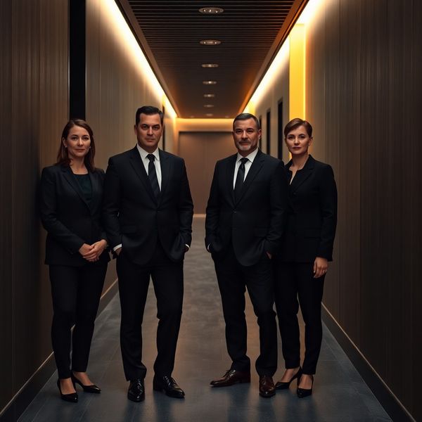 Patru profesioniști în ținută de business pe holul biroului Dumitru & Stan